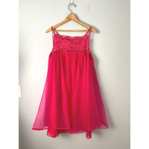 Vintage Hot Pink Babydoll Chiffon Nightgown Dress by Flair, Size M, 60s Lingerie - Picture 1 of 10